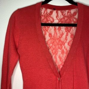 Coral Long Sleeve Cardigan w/ Sheer Lace Back - S